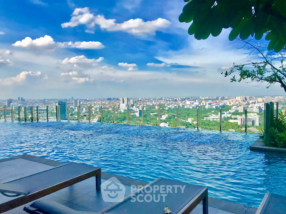 Luxurious rooftop infinity pool with stunning city skyline view, perfect for relaxation and leisure.