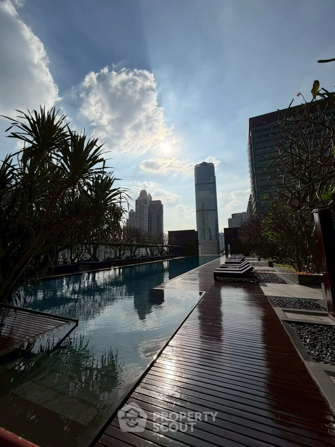 Luxurious rooftop pool with stunning city skyline view and modern design.