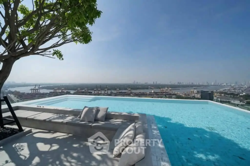 Luxurious rooftop infinity pool with stunning city skyline and river views.