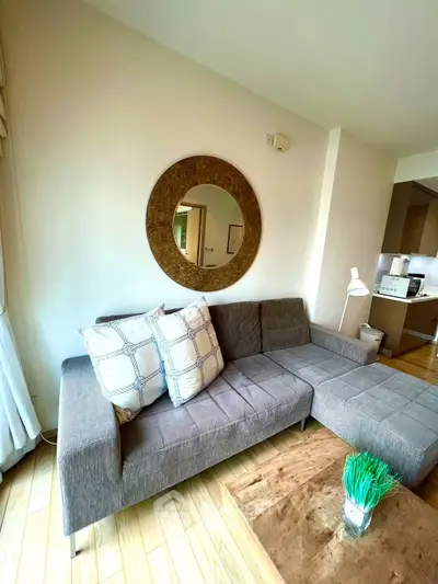 Modern living room with stylish gray sectional sofa and decorative mirror, featuring a cozy and inviting atmosphere.