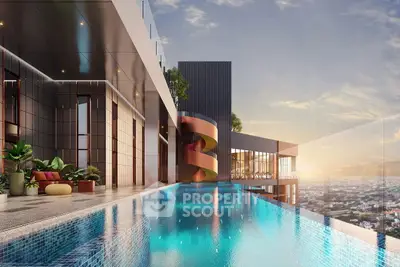 Luxurious rooftop infinity pool with stunning city skyline view at sunset.