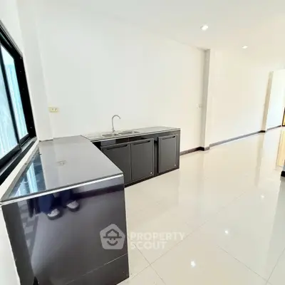 Modern minimalist kitchen with sleek black cabinets and bright natural lighting.