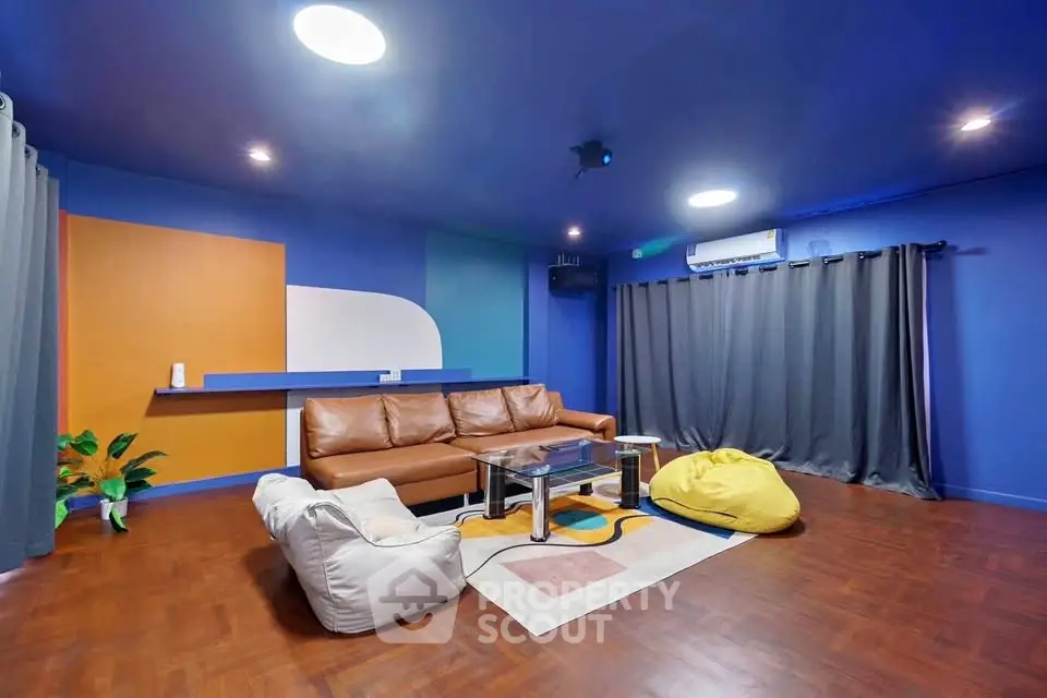 Spacious modern living room with vibrant colors and cozy seating