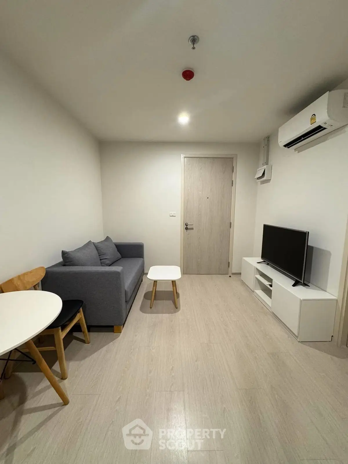 Modern living room with cozy gray sofa, TV, and minimalist decor in a stylish apartment.