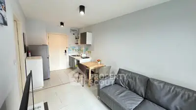 Modern compact living room with kitchenette and cozy seating area