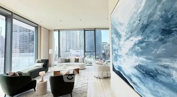 Luxurious modern living room with stunning city view and elegant decor