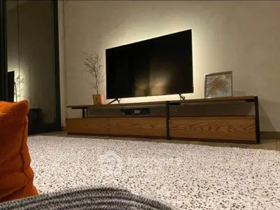 Modern living room with sleek TV stand and cozy decor