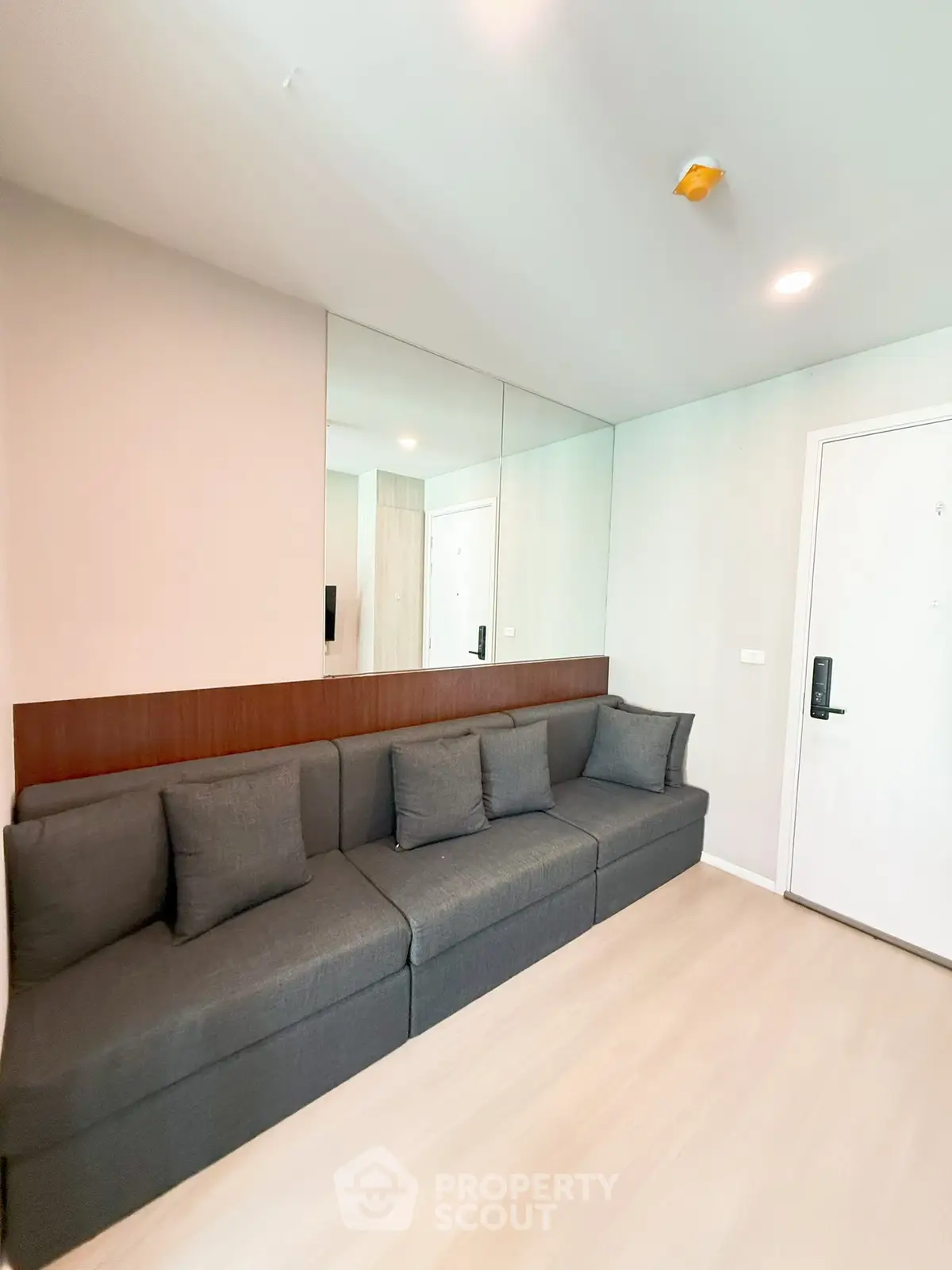 Modern living room with sleek gray sofa and mirrored wall in stylish apartment