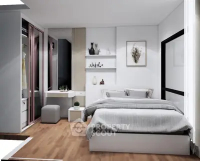 Modern bedroom with stylish decor and wooden flooring, featuring a cozy bed and elegant shelving.