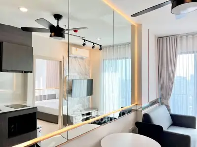 Modern apartment interior with stylish living room and bedroom view