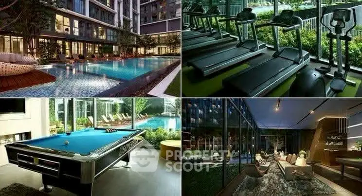 Luxurious condo amenities featuring pool, gym, billiards, and stylish lounge area.