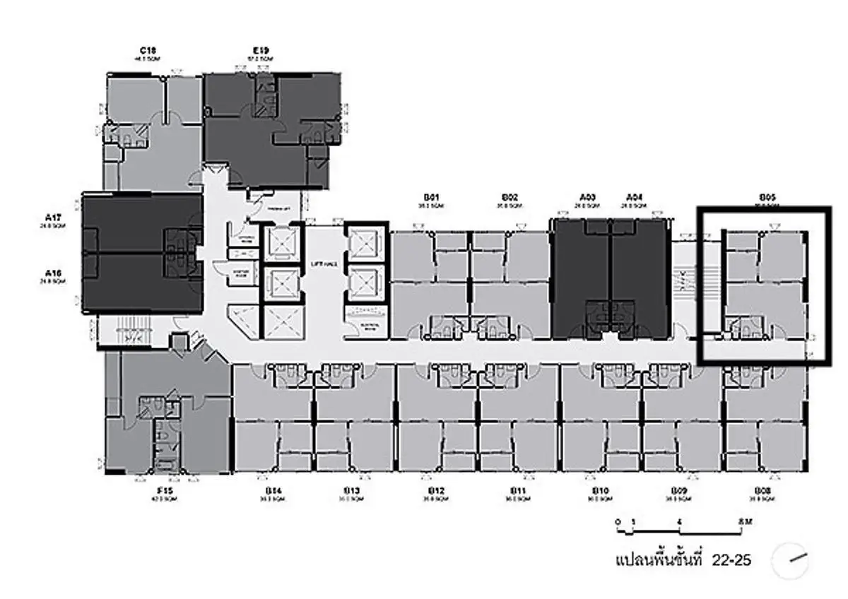 Detailed floor plan of a modern apartment complex with multiple units and elevators.