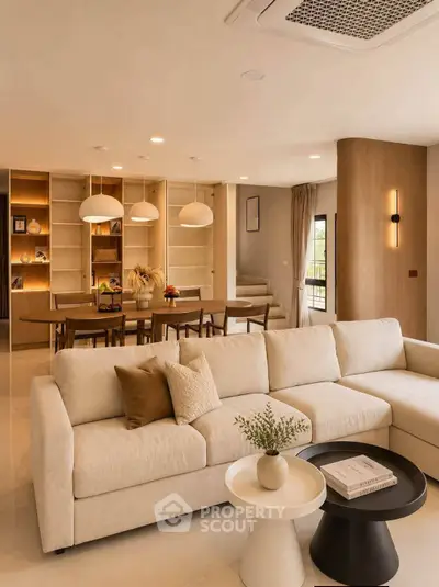 Luxurious open-plan living room with elegant decor and modern furniture, perfect for stylish entertaining.