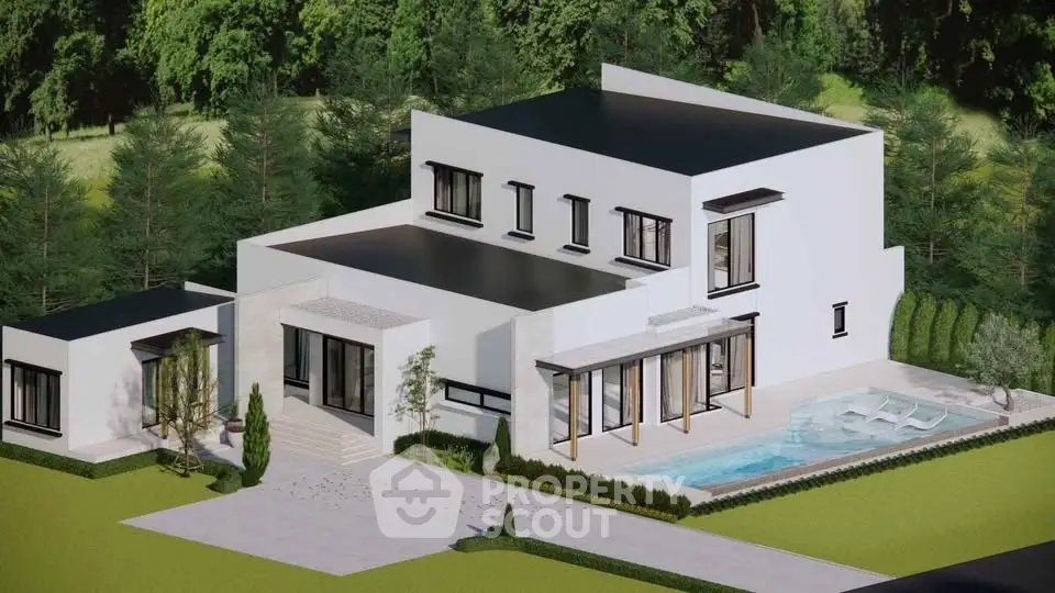 Modern luxury villa with pool and lush greenery, showcasing contemporary architecture and spacious outdoor area.