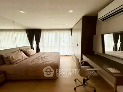 Modern bedroom with large windows and stylish decor
