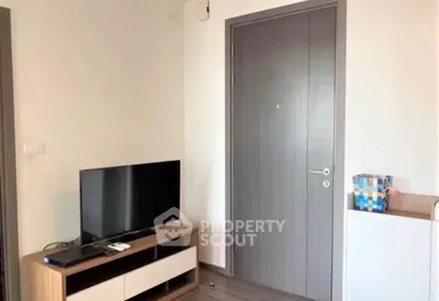 Modern living room with sleek TV stand and stylish door