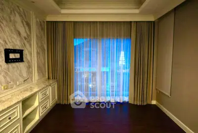 Elegant empty living room with large window and luxurious curtains