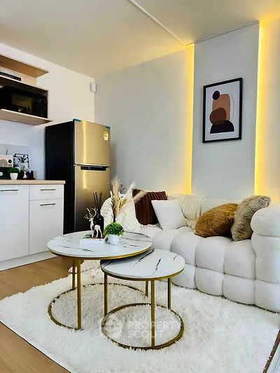 Modern living room with cozy sofa, stylish coffee tables, and ambient lighting, perfect for relaxation.