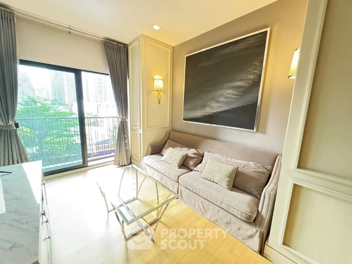 Elegant living room with large window and stylish decor in modern apartment