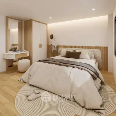Luxurious bedroom with modern decor and cozy ambiance, featuring a stylish bed and elegant furnishings.