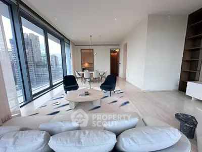 Luxurious modern living room with panoramic city views and elegant dining area.