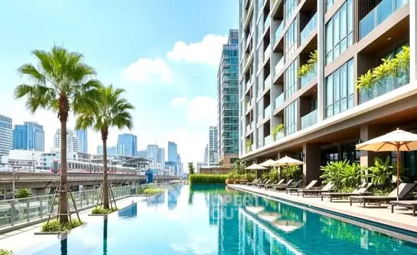 Luxurious high-rise building with stunning pool and city skyline view, perfect for urban living.