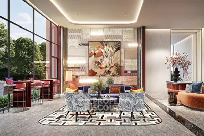 Luxurious modern living room with high ceilings and large windows, featuring elegant decor and vibrant furniture.