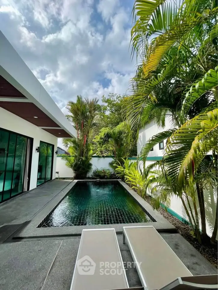 Luxurious private pool surrounded by lush greenery in a modern villa setting.