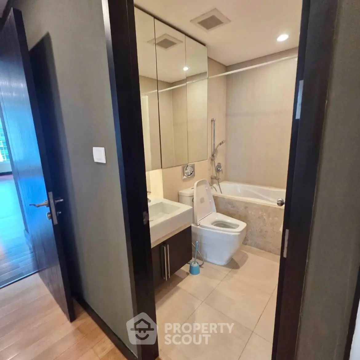 Modern bathroom with bathtub and sleek design in luxury apartment