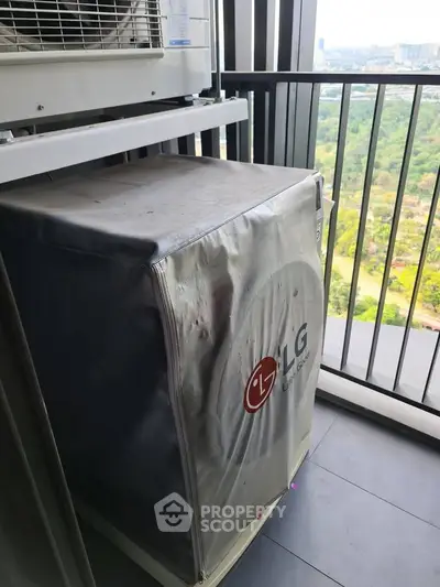 High-rise balcony with LG air conditioning unit and scenic city view