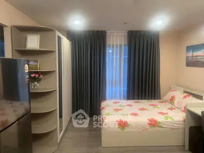 Cozy bedroom with floral bedding, modern furniture, and ambient lighting for a serene living experience.