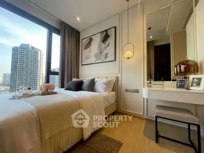 Luxurious bedroom with stunning city view, elegant decor, and cozy ambiance in a modern high-rise apartment.