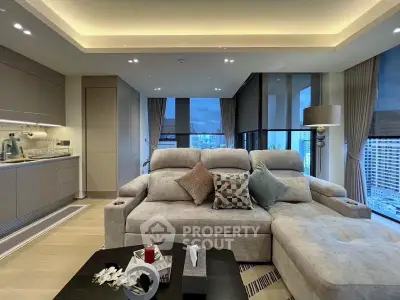 Luxurious modern living room with stunning city view and elegant decor