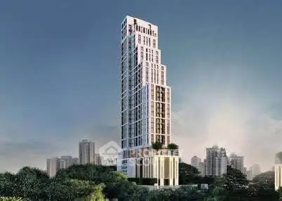 Stunning modern high-rise building with lush greenery and city skyline view.