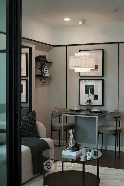 Modern living room with stylish decor and elegant dining area
