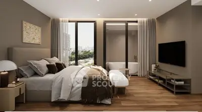 Luxurious bedroom with modern decor and city view, featuring a cozy bed and elegant furnishings.