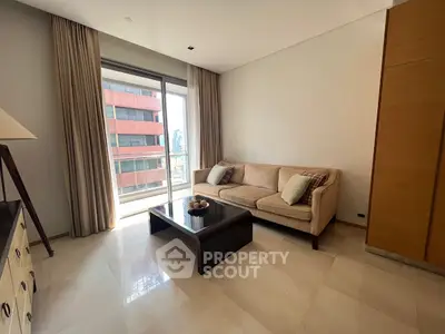 Modern living room with city view and cozy beige sofa