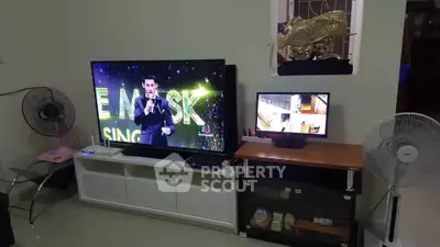 Cozy living room with modern entertainment setup and stylish decor