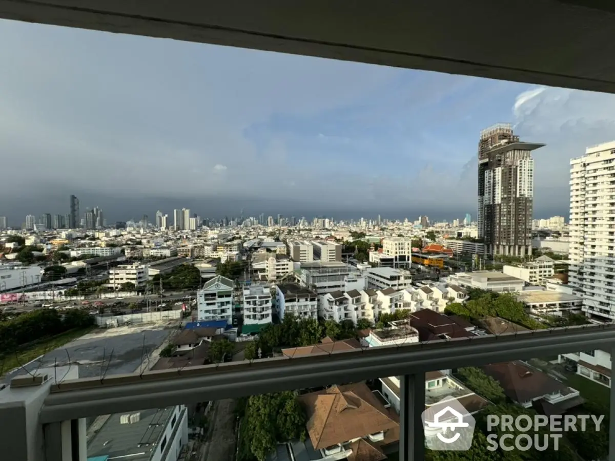 Stunning cityscape view from high-rise balcony with modern skyline