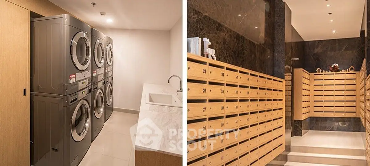 Modern laundry room and mailroom in upscale residential building.