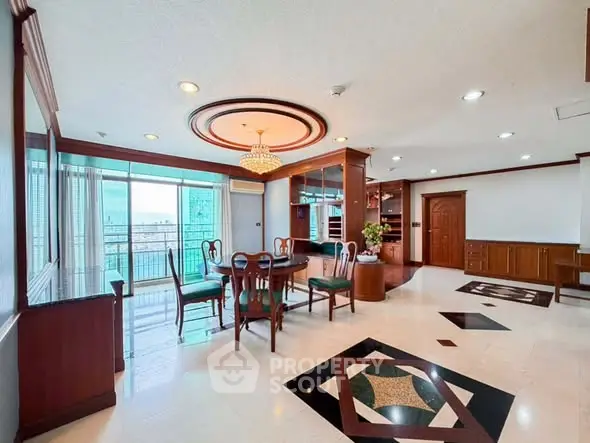 Spacious luxury living room with elegant dining area and city view balcony.
