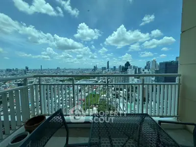 Stunning cityscape view from a high-rise balcony with clear blue skies and modern urban skyline.