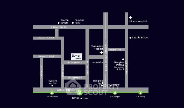 Map showing location of The Excel Udomsuk near BTS Udomsuk and nearby amenities.