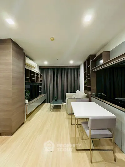 Modern living room with sleek furniture and ambient lighting