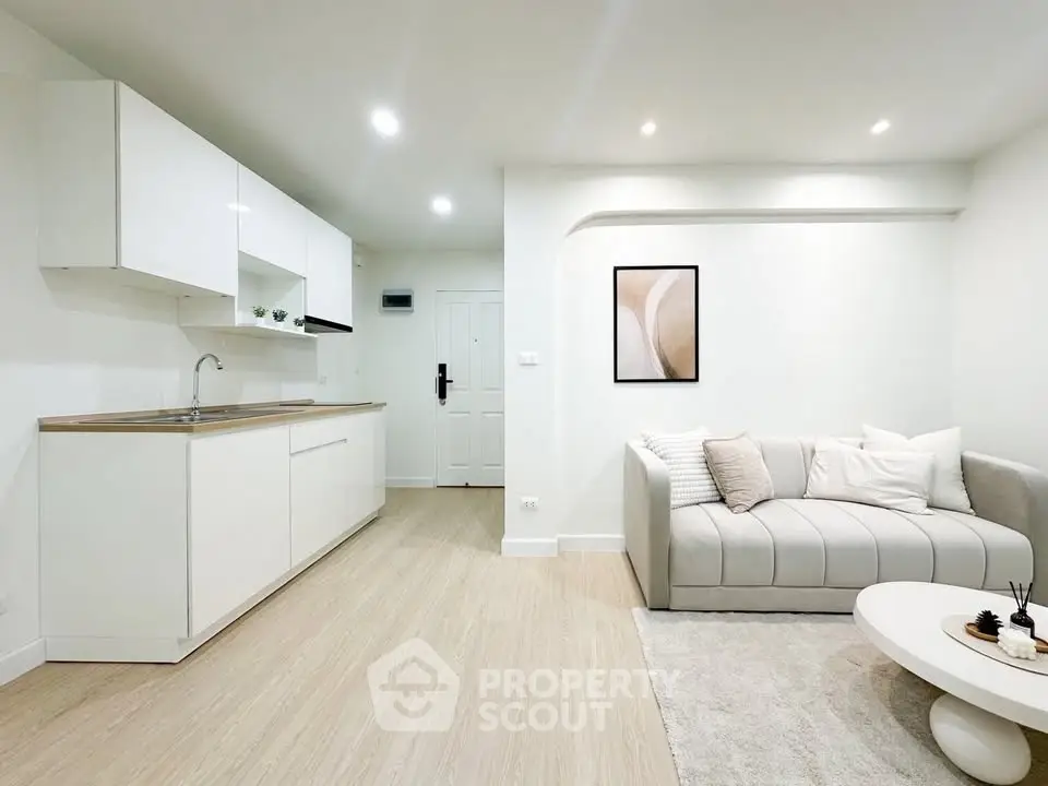 Modern living room with sleek kitchen, cozy sofa, and stylish decor in a bright open space.