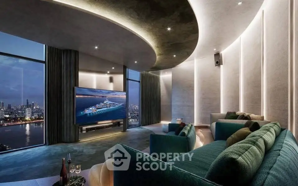 Luxurious living room with stunning city view and modern design, featuring plush seating and ambient lighting.