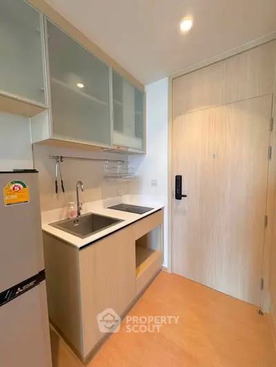 Modern compact kitchen with sleek cabinetry and dual sinks in a stylish apartment.