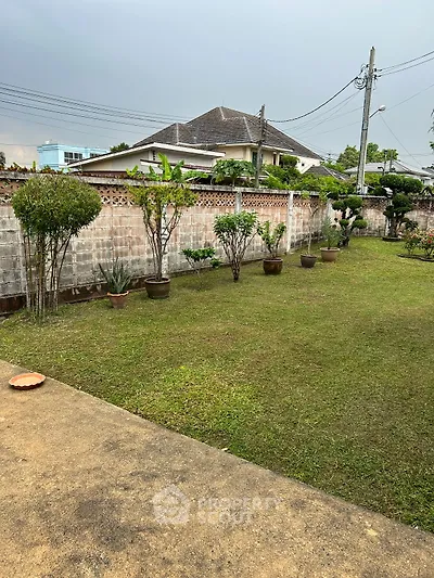 Spacious garden area with lush greenery and potted plants, perfect for outdoor relaxation and activities.