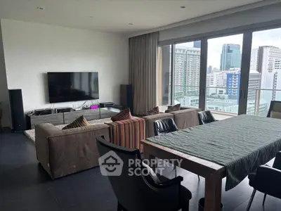 Spacious modern living room with city view and stylish furniture