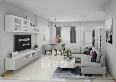Modern living room with sleek furniture and open dining area, perfect for contemporary living.